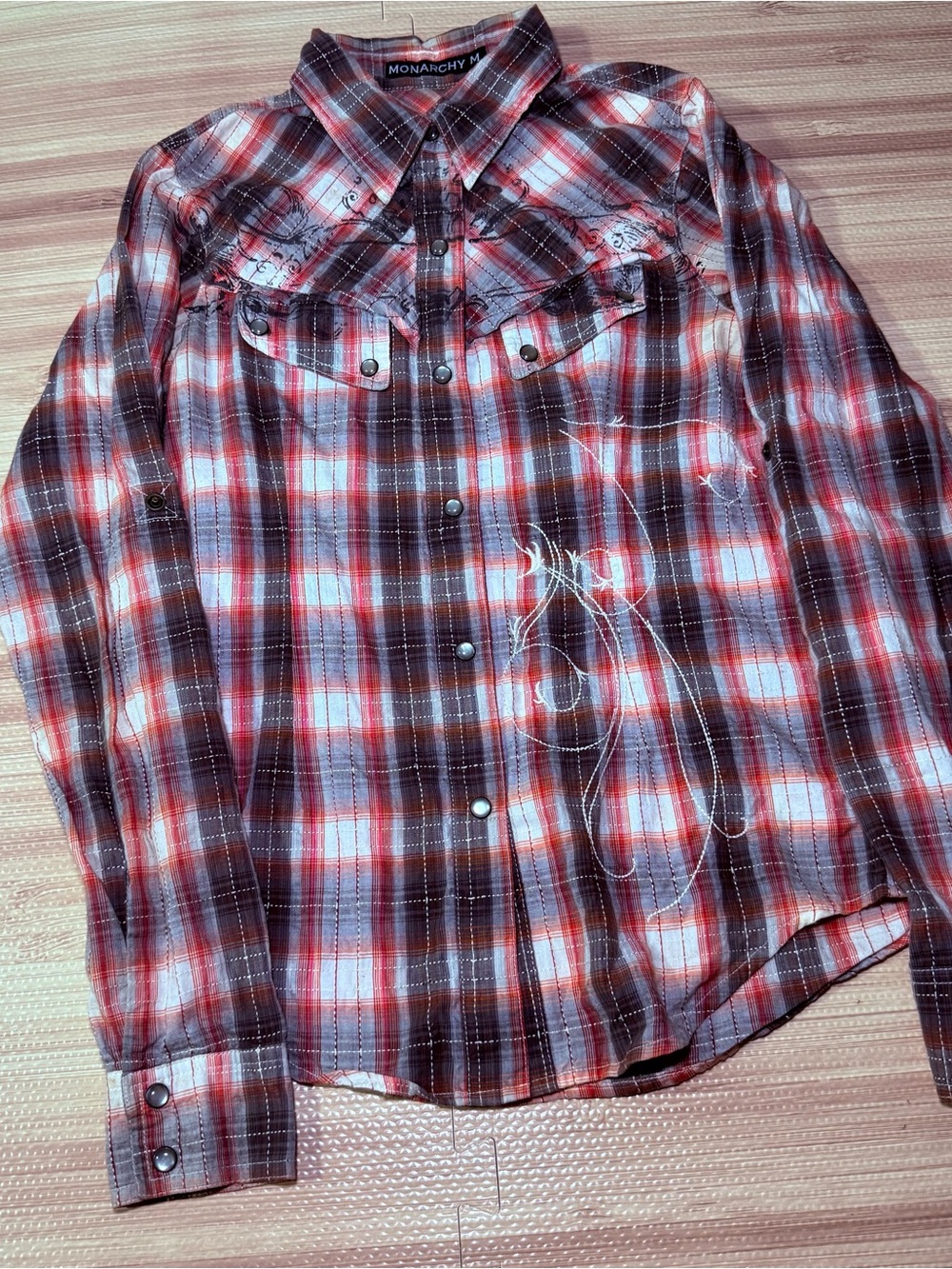 Monarchy Mens Medium Plaid Snap Shirt Western Embroidered Y2K Biker Grunge